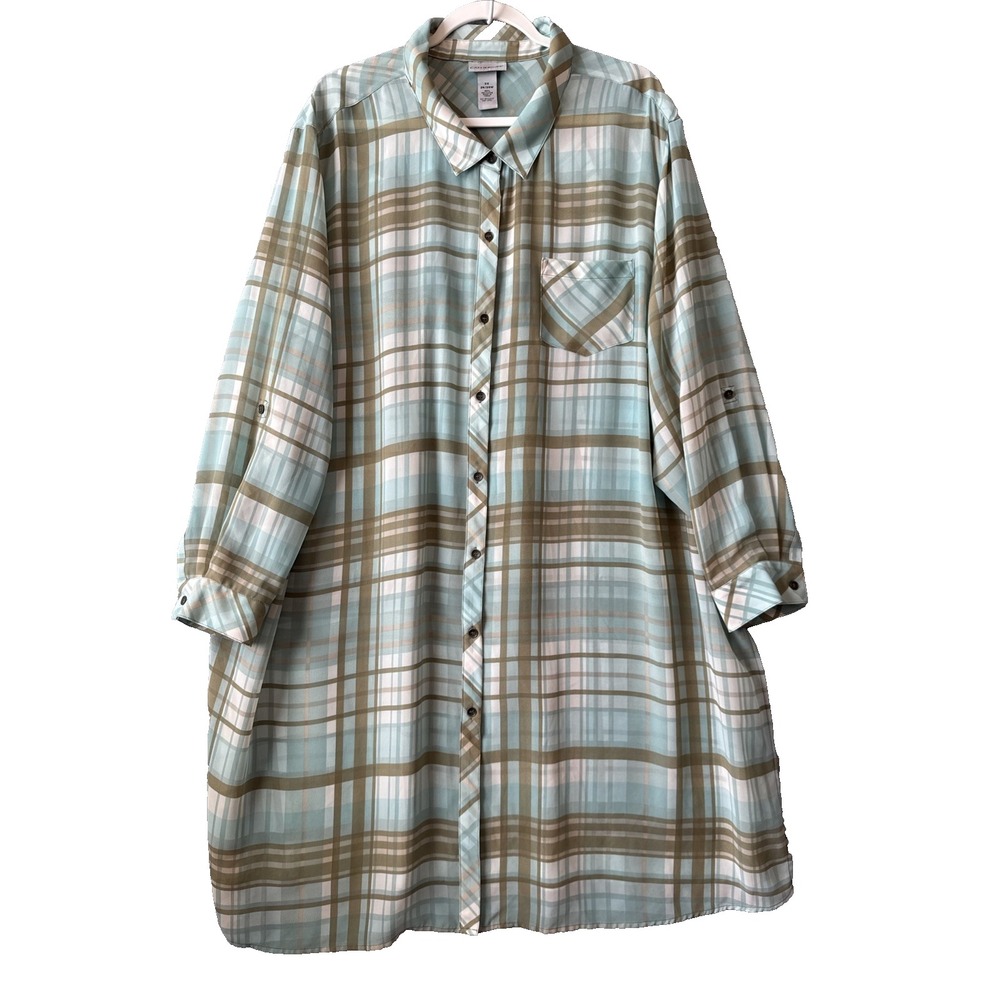 Catherines 3X Plaid Shirt Dress Tunic Duster Button Up Sage Mint Shacket Cottage